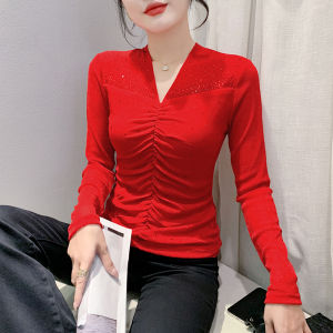 Áo phông nữ Yimei Áo kiểu hàn quốc màu đen vừa vặn 2023 đẹp của phụ nữ áo lót tay áo dài QUẢNG CHÂU