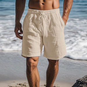 NEW Mens Cotton Linen Shorts Summer Lightweight Breathable Casual Beach Style Shorts Basic Solid Color Sweatpants Elastic Waist