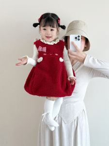Winter Thickened Fleece Cat Patterned Girls One-Year-Old New Years Outfit Vest Dress Adorable Baby Girls Clothing