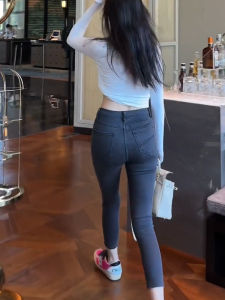 Slimming Elastic Denim Pants High Waist Tummy Control Pure Color Womens Spring Autumn Fashion Stylish Skinny Nine-Piece Jeans