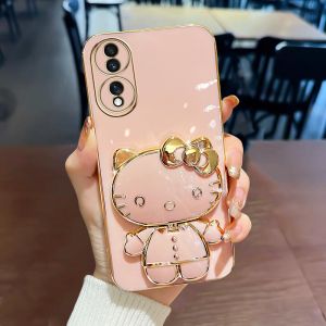 Cute Cat Compact Mirror Stand Silicone Phone Case for Huawei Honor 90 pro 80 70 50 60 Protective Cover Female Style Shockproof