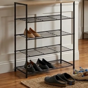 4-Tier "RK-XJ633083A1" Modern Steel Frame Shoe Rack with Wood Top and Lockable Wheels - Organizers - Storage