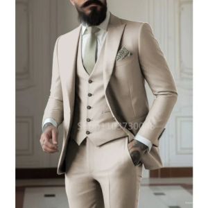 3 Piece Mens Groom Tuxedo Slim Fit Business Suit with Double Breasted Blazer Vest And Pants for Wedding Party