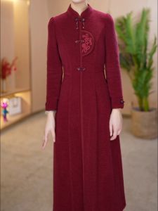 New Chinese Style Retro National Dress Womens High-end Exquisite Midi Skirt Flag Robe Dress Long Sleeve Stand Collar Winter