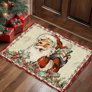 VIKAMA Vintage Giáng Sinh Thảm Chùi Chân Nháy Mắt Ông Già Noel Holly Berry Họa Tiết Chống Thấm Nước Thảm Trải Sàn Chống Trượt Cho Lối Vào Nhà Xmas Trang Trí Ngày Lễ