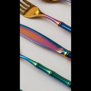 Set Alat Makan Stainless Steel Motif Bambu Warna Pelangi dan Hitam Elegan 4 Pcs untuk Dekorasi Meja