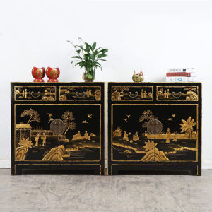 Old Elm Wood Sideboard Cabinet Gold-Painted Solid Wood Living Room Entrance Cabinet Black Tea Cabinet New Chinese Kitchen Cupboard Locker
