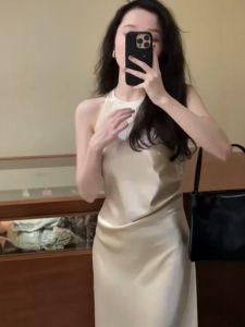 VKSOD | Elegant French Lady Style Satin Shine Off-Shoulder Long Dress Womens Summer Slim Fit Waist High Waist Zipper Backless Gown