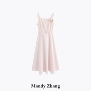 Elegant Square-neck Sleeveless Dress with Handmade Rose