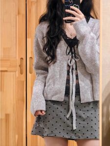 Han Xing Ning Womens Fashion Set: Knit Open Cardigan Sweater with Polka Dots Half-length Skirt Perfect for Autumn Long Sleeves V-neck Pullover
