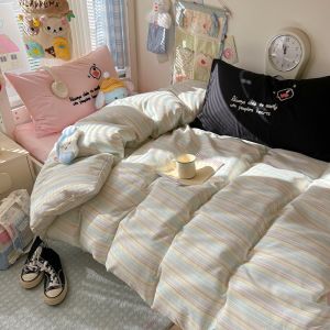 Simple Korean Style Duvet Cover Stripe/Plaid Comfortable Skin-friendly Quilt Cover with Zipper
