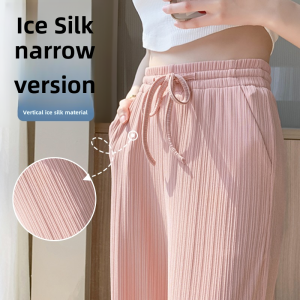Ice Silk Wide Leg Pants Womens Summer Thin Narrow Straight High Waist Stripe Casual Trousers Commute Style Korean Version