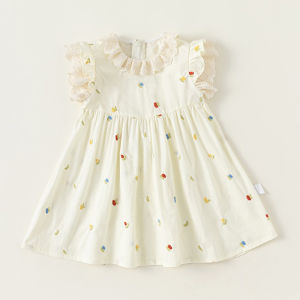 Girls Flying Sleeves Dress Summre New Cute Embroidery Printed Princess Dress Toddler Kid Clothes 2-6Y Ruffled Collar Clothing