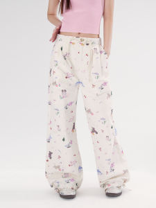 WooHa Summer 2024 Womens Straight Leg Casual Pants Animal Print Sweet Cool Teenager Feel Loose Fit Cotton Blend Trousers