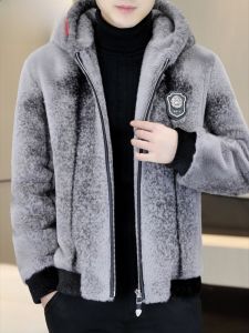 HENGYUANXIANG | เสื้อแจ็คเก็ตขนกระต่ายสีทองพรีเมียมสำหรับผู้ชาย เสื้อคลุมกันหนาวแบบหนา เสื้อคลุมขนสัตว์พร้อมฮู้ด ผ้าฝ้ายโพลีเอสเตอร์ 100%