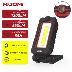 Mijomi ไฟทำงาน W100แบบชาร์จไฟได้1200ลูเมนซัง/นำไฟแสงสีแดงไฟสองดวงไฟฉายกันน้ำพร้อมตะขอแม่เหล็กไฟฉายแบบพกพาสำหรับที่ซ่อมรถตะเกียงตั้งแคมป์