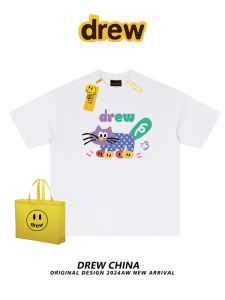 เสื้อยืดแขนสั้นผู้ชาย Drew American Street Style Cat Cartoon Print Pure Cotton Loose Fit สำหรับคู่รัก ทรงหลวมๆ ใส่สบาย