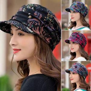 หมวกทรงสี่เหลี่ยมแบนสำหรับผู้หญิง หมวกแฟชั่นฤดูใบไม้ร่วงและฤดูหนาว หมวกทรงปากเป็ดแบบหนาและอบอุ่นพร้อมลายดอกไม้