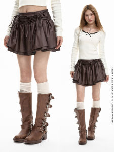 Brown PU Leather A-Line Mini Skirt High Waist Womens Autumn New Style Slimming Sweet Cool Short Skirt Small Size Girl Skirt