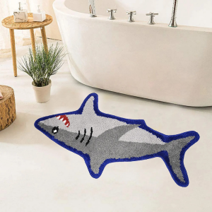 VIKAMA Shark Shaped Fluffy Bath Rug Cool Ocean Animal Non Slip Water Absorbent Boys Bathroom Entry Decor Carpet