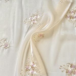 Champagne Peach Blossom Embroidery European Organza Net Fabric Handmade DIY Hanfu Material Home Decorative Window Curtain