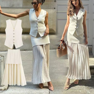 2025 Summer Women Beige Knit Skirt Set V-Neck Sleeveless Slim Vest +Solid Elastic Waist Patchwork Long Skirt Streetwear
