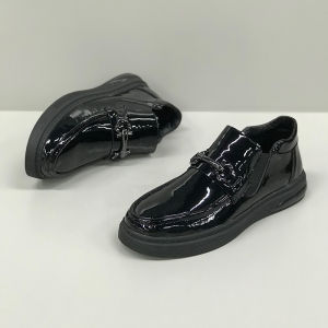 Glossy Mens Mid-Cut Casual Leather Shoes Thick Bottom Bean Bean Shoes Painted Leather Genuine Leather Spring Autumn Slip-On