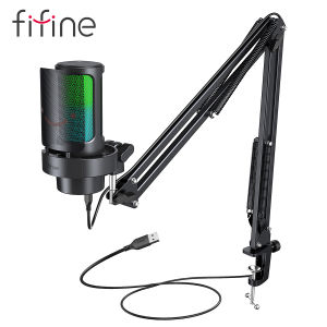 FIFINE USB Microphone Kit with Boom Arm and Pop Filter for Recording and Streaming on PC/Mac Quick Mute&Headphone Jack-A8T