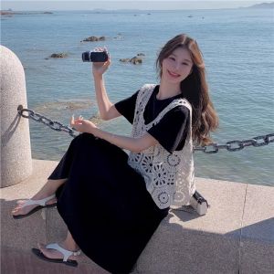 Casual Salt Series Womens Vest Dress Set Summer New Style High Waist Polyester Fiber Bubble Sleeve T-Shirt Dress Two-Piece Set