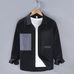 Japanese Style Casual Pure Cotton Mens Shirt Spring 2024 Patchwork Stripe Pattern Versatile Solid Color Workwear Top