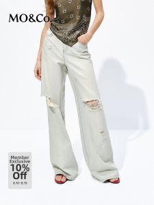 MO&Co. | Hemp Cotton Washed Faded Light Blue Ripped Low-Rise Wide Straight Jeans