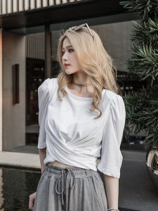 Short Sleeve Knot Back T-Shirt Womens Fashion Shoulder Pad Korean Design Summer Top Combed Cotton Solid Color round Neck