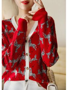 เสื้อสเวตเตอร์คอวีแขนยาวถักหรูหราสำหรับผู้หญิง ฤดูใบไม้ผลิและฤดูใบไม้ร่วง เสื้อคลุมเปิดคอวี แฟชั่นสตรี เสื้อผ้าทำงาน