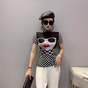 REHIN Womens top new fashion elegant short-sleeved T-shirt high-collar mesh plaid print blouse