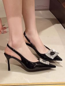 Giày Cao Gót Đế Xuồng Pha Lê Kiểu Pháp Thanh Lịch Cho Nữ Mùa Hè 2025 Giày Cao Gót Mũi Nhọn Hở Phía Sau Có Khóa Cài