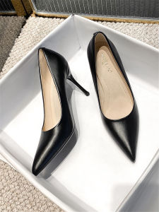 สีดำ รองเท้าส้นสูง ผู้หญิง Professional Pointed Toe นุ่ม หนัง รองเท้าทํางานของแท้ หนัง รองเท้าสํานักงานที่เข้ากันอย่างลงตัวสวมใส่สบาย