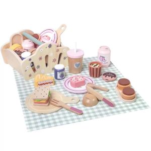 Wooden Picnic Pretend Play Toys Set with Wooden Storage Basket Educational Simulation Food Cooking Game for Kids 2 Years Gift