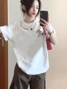 Áo Thun Cotton Tay Ngắn Cổ Tròn Màu Trắng Cho Nữ Mùa Hè 2025 Phong Cách Mới Áo Thun Nữ Phong Cách Hàn Quốc in Họa Tiết Mùa Hè