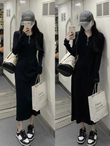 Black Elegant Hooded Half Zipper Long Sleeves Dress Womens Autumn New Arrival Silm Slim Looking Casual Base Hoodie Skirt