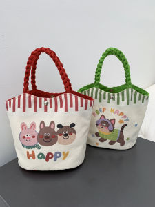 2025 New Ins Cartoon Thickened Canvas Handheld Lunch Box Bucket Bag Small Portable Simple Shopping Trip Canvas Bag