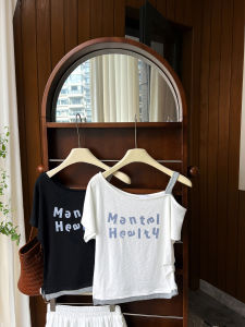 AMILUCK | Womens Shoulder Bared Strap T-shirt Short Sleeve Asymmetrical Collar Print Design Cotton Summer Top Trendy Commute Style