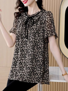 WANGGONGZHU | Loose Womens Short Sleeve T-Shirt Summer Fashionable Leopard Print Cover Up Mommy Style Korean Version Butterfly Knot Top