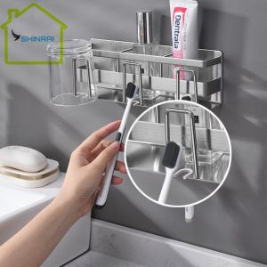 Kệ Đựng Bàn Chải Giá Đựng Tuýp Kem Đánh Răng INOX SUS304 Xước Mờ 3 Cốc ) Dán Tường Chính Hãng SHINRAI