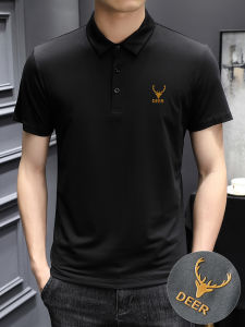 Ice Silk Modal Short Sleeve Polo Shirt Mens Slim Fit Summer Thin Trend Deer Antler Print Button Decorated Standard Style T-Shirt