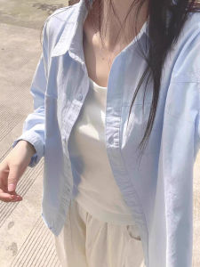 Blue Polo Shirt Women Summer 2025 New Style Long Sleeve Button up Cotton Washed Casual Loose Fit mid Length Pure Color Top