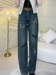 ทันสมัย เอวสูงหลวม ผู้หญิง กางเกงยีนส์เดนิมผีเสื้อ งานปัก ดีไซน์ เฮฟวี่เวท ผ้าฝ้าย โพลีเอสเตอร์ เบลนด์ ฤดูร้อน อินเทรนด์ กางเกงขายาว