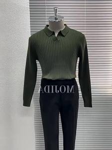 Senior Trang Phục Nam Mùa Xuân Thu Dễ Phối Đồ Màu Trơn Ren Co Giãn Ve Áo Chui Đầu Tôn Dáng POLO Dài Tay Dệt Kim T Áo Phông Nam Sành Điệu