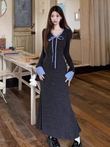 ชุดเดรสยาวแขนยาวลายสก็อตสีเทาหรูหรา กระโปรงทรงเอ ช่วงฤดูใบไม้ผลิและฤดูใบไม้ร่วง เอวเข้ารูป ชั้นใน กระโปรงทรงเอ
