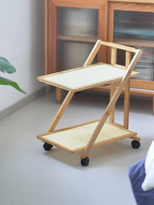 3 Layer Nordic Side Table Wooden with Wheels Movable Foldable Trolley Cart Creative Bedside Cabinet Sofa Shelf for Living Room Bedroom Bedroom Kitchen Floor Mobile Use
