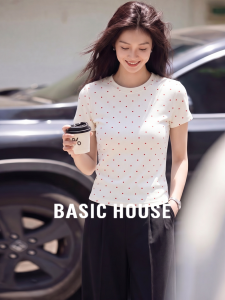 Basic House | White Polka Dot Round Collar Straight Shoulder Waist Accentuating T-Shirt